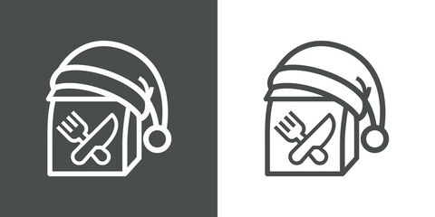 Comida para llevar. Menú navideño. Logotipo bolsa de papel con cubiertos y sombrero de Papá Noel con líneas en fondo gris y fondo blanco