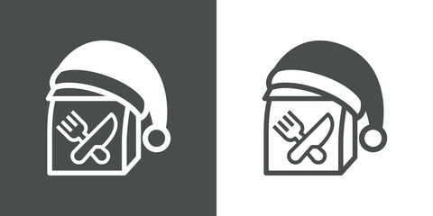 Comida para llevar. Menú navideño. Logotipo bolsa de papel con cubiertos y sombrero de Papá Noel con líneas en fondo gris y fondo blanco