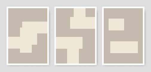 Geometric posters of square, rectangle lines of beige and brown colors. Abstract shapes print collection in minimalist style. Contemporary wall art illustrations.