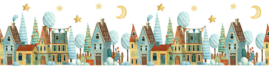 Seamless christmas winter border with houses, trees, stars, moon and snow. Hand drawn illustration.