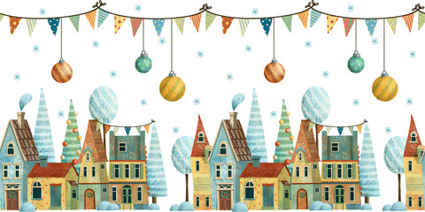 Seamless christmas winter border with houses, trees, flags, snow and balls. Hand drawn illustration.