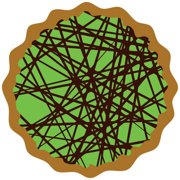 recommend clip art: Simple cartoon SVG graphic illustration of kiwi lime apple green sauce filling pie tart flan with fluted pastry base and chocolate line criss cross decoration. Interlocking layers suitable as cut file
