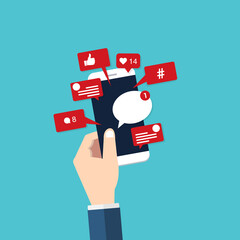 Social Media Smart Phone, Viral content, social media marketing and social media activity - likes, shares and comments popping up on the mobile screen	