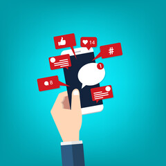 Social Media Smart Phone, Viral content, social media marketing and social media activity - likes, shares and comments popping up on the mobile screen	