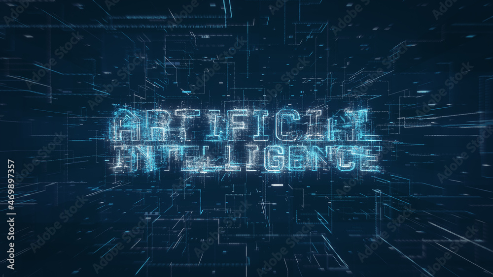 Poster artificial intelligence title key word on a binary code digital network background