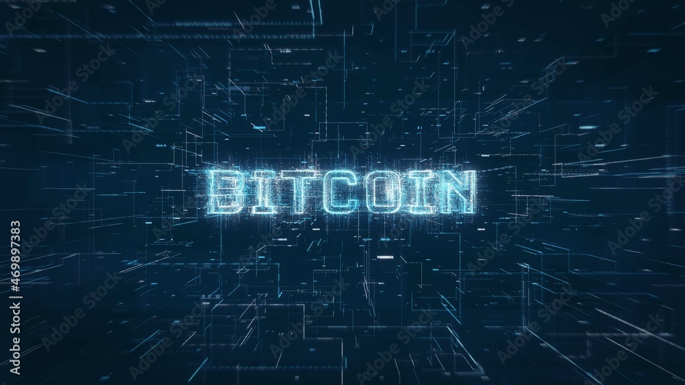 Poster Bitcoin crypto currency title key word on a binary code digital network background