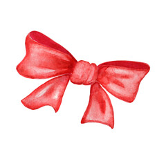 Red watercolor bow isolated on a white background. Cute Christmas, New year or Valentine element for greeting cards, textile, wrapping paper, banners, stickers design, kids playroom wall decor