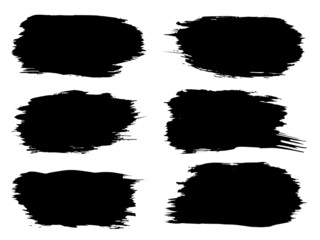 Vector collection or set of artistic black paint, ink or acrylic hand made creative brush stroke backgrounds isolated on white as grunge or grungy art, education abstract elements frame design