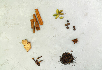 Ingredients for Indian masala tea on white background. High quality photo