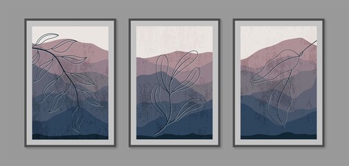 Abstract contemporary landscape with plants posters. Modern boho background set with mountains. Abstract arts design for wall framed prints, poster, cover, home decor, canvas prints, wallpaper.