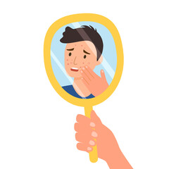 Young man hand mirror worrying about his acne on face in flat design. Pimple problem on male skin.