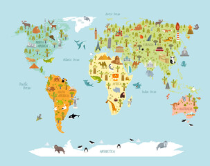 Print. World map with animals and architectural landmarks for kids. Eurasia, Africa, South America, North America, Australia. Cartoon animals. - 469898189