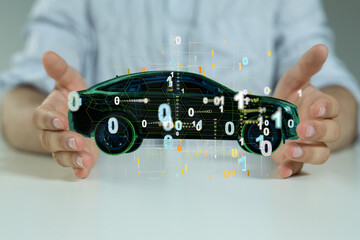 Hologram auto, futuristic polygonal model auto.