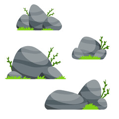 Set of stones. Scenery of nature, forests and mountains. Pile of rubble. Flat cartoon illustration. Decorative element. Grass and green plants