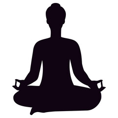 Yoga in silhouette Person practicing yoga in lotus meditative pose. Black vector illustration Isolated on black background 