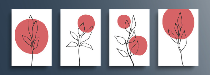 Botanical set. Hand drawn boho foliage line art drawing with abstract shapes. Abstract floral backgrounds for your creative graphic design. Vector illustration.