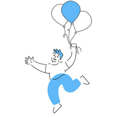 Man flying with Toy balloon. Party and celebration. Enjoying life. The concept of childhood, joy and happiness. Funny linear male character.