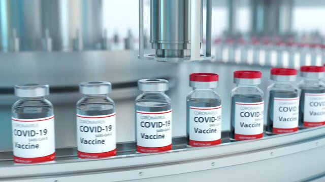 Mass production of coronavirus covid-19 vaccine. Manufacturing the vaccines on conveyor with covid-19 vials in the pharmaceutical laboratory. Medicine for immunization and vaccination, loop animation.