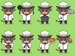 Vector Illustration Of Chef Buffalo cartoon. Vector set of Animal chef character in different actions. Cute animals in chef uniform set.