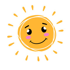 Cute sun. Element of summer and nature. Yellow warm object. Cartoon illustration. Children drawing. Heat and hot with funny face.