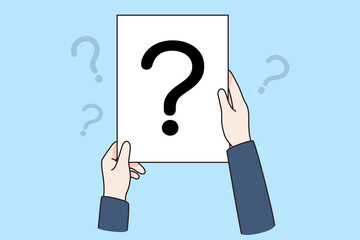 Question doubt and asking concept. Human hands holding white blank card with question mark on it over blue background vector illustration 