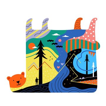 Abstract vector illustration with bear, mountains, man, trees, river and doodle elements. Trendy colored print design with animal and people