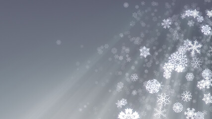 Christmas snowflakes illustration. Holiday background of snow with copy space on the left. Also available as an animation - search for 197532055 in Videos. Silver, white, grey.