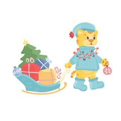 Naklejka premium Christmas tiger . holiday postcard. Cute drawings of characters on the theme of the New Year on white background . Copy space