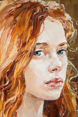 Close-up portrait of a red-haired girl. A woman with a large head of curly hair. Oil painting on canvas.