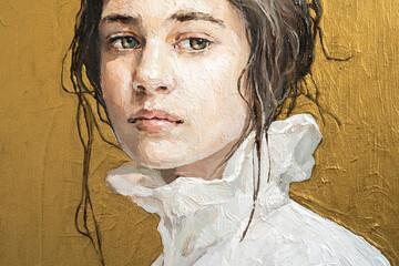 Oil painting. Portrait of a girl on a gold background. The art is done in a realistic manner. - obrazy, fototapety, plakaty