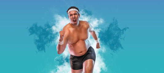 A very fat man jogging to lose weight and become a slim athlete. Running sport man.