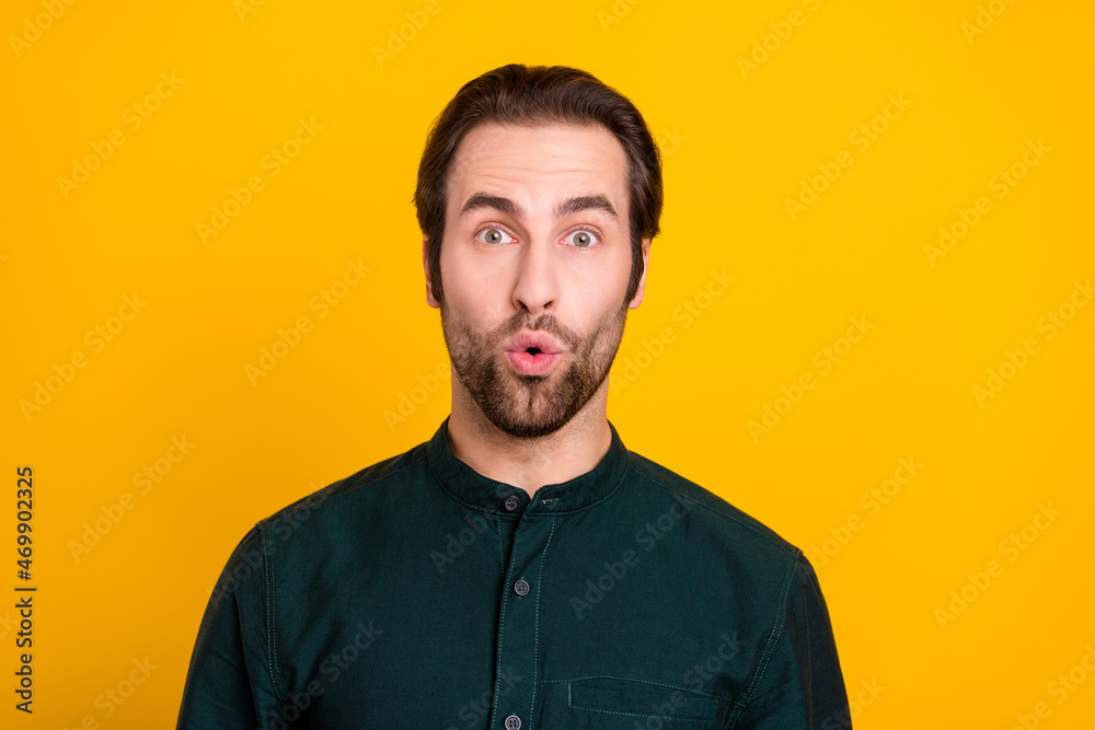 Sticker photo of impressed young guy look wear green shirt isolated on yellow color background