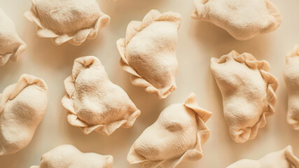 Top view of delicious frozen dumplings lying on a white background. Frozen semi-finished products with various fillings. Russian cuisine. Background of dumplings.