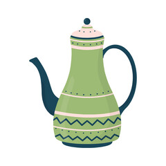 Cute ceramic colored teapot. Kitchen crockery item isolated on white background. Hand drawn flat vector illustration