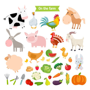 Print. Big vector set "On the farm". Farm animals, vegetables, fruits, berries.