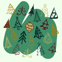 Random doodle style christmas trees vector illustration on the dark blue spot. Yellow, blue, grey, red cartoon style trees. Funny shaped elements. Simple winter colors. Holiday mood gift card.