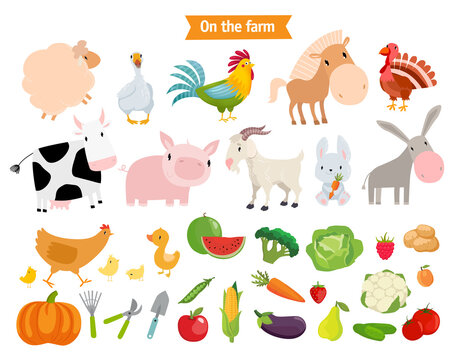 Print. Big vector set "On the farm". Farm animals, vegetables, fruits, berries.