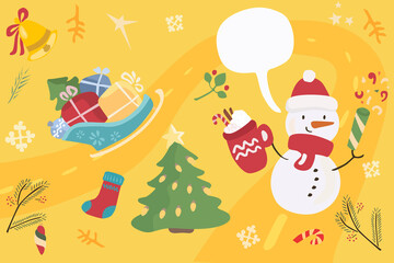 snowman on a postcard. A drawing on a New Year's theme. Copy space. 