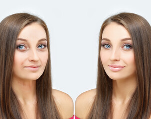 Aging. Mature woman-young woman.Face with skin problem.Showing photos before and after.