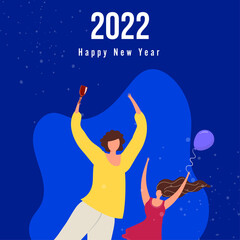 2022 Happy New Year Poster Design With Faceless Teenage Girls Dancing On Blue Background.