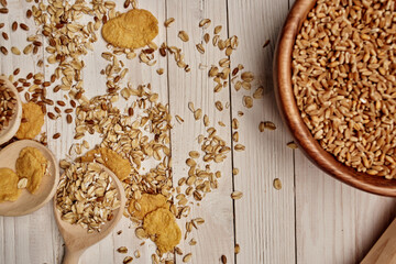 Fototapeta premium wooden kitchen items cereals products wood background