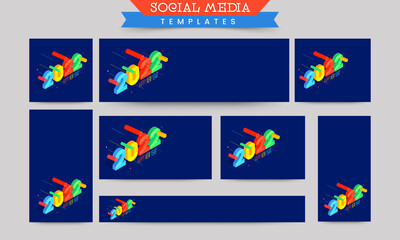 Set Of Social Media Template And Header Design With 3D Colorful 2022 Number On Blue Background.