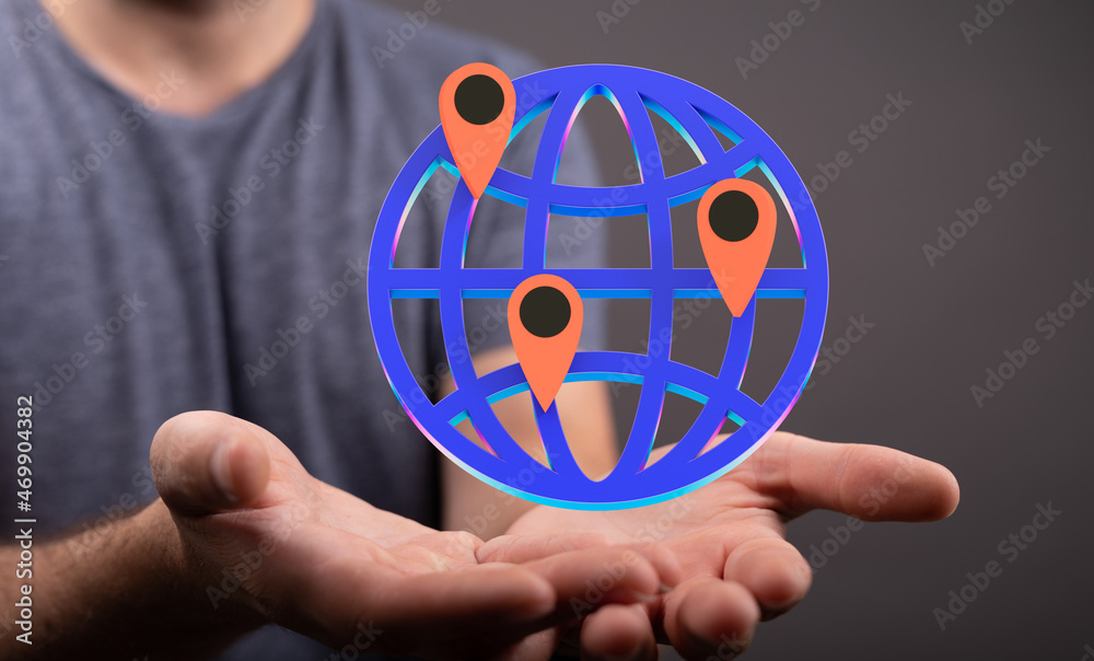 Poster network holding in hand 3d connection data global