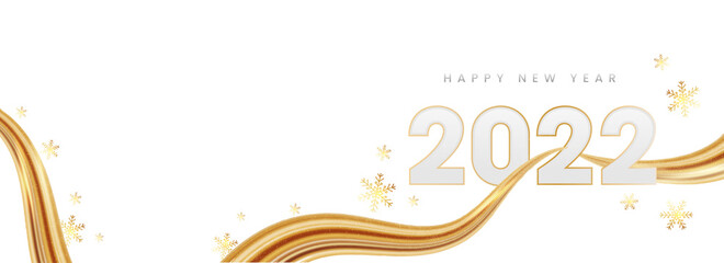 2022 Happy New Year Font With Golden Blend Wave Movement And Snowflakes On White Background. Header Or Banner Design.