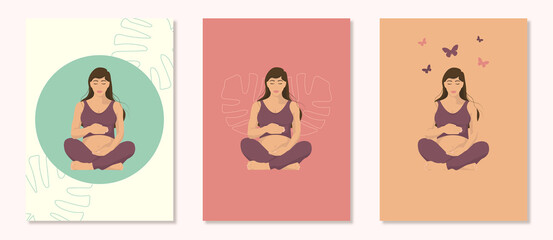 Pregnant woman in yoga pose. Flat style vector illustration