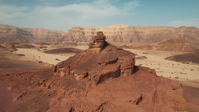 Aerial done shot of a beautiful desert in Southern Israel, Timna Nature Park.