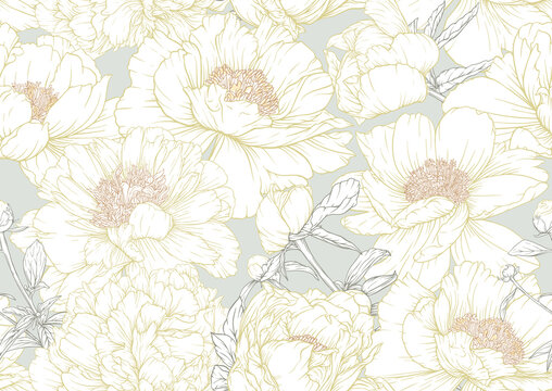 Peonies flowers. Seamless pattern, background. Colored vector illustration. In botanical style In soft orange and green colors.
