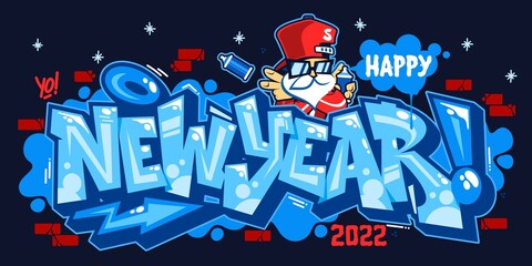 Abstract Banner Happy New Year 2022 With Santa Claus In Graffiti Style Font Lettering Vector Illustration Art