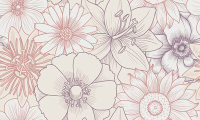 Fototapeta premium vector drawing vintage seamless pattern with flowers, hand drawn illustration