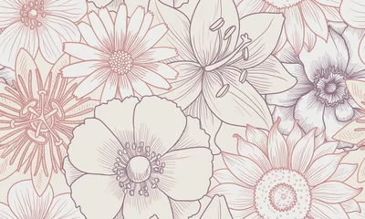 Fotobehang vector drawing vintage seamless pattern with flowers, hand drawn illustration © cat_arch_angel